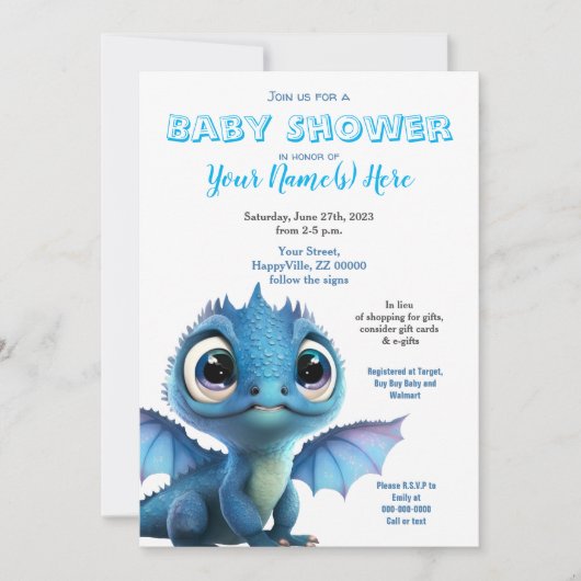 Baby Dragon Boy Shower Cute Invitation Kaart (Voorkant)