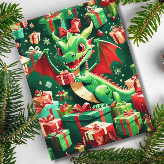 Baby Dragon met alle kerstcadeaus ai Feestdagenkaart