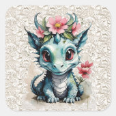 Baby Dragon met roze bloemen en kant Vierkante Sticker (Voorkant)