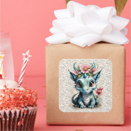 Baby Dragon met roze bloemen en kant Vierkante Sticker