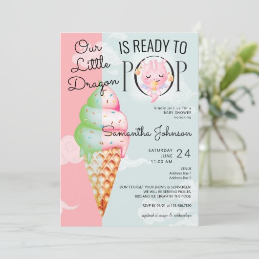 Baby Dragon Ready to Pop Ice Cream Baby shower Kaart (Staand voorkant)