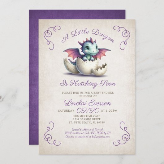 Baby Dragon Shower Uitnodiging (Voorkant / Achterkant)