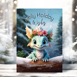 Baby Dragon Snowy Enchanted Forest Kerstmis Feestdagenkaart