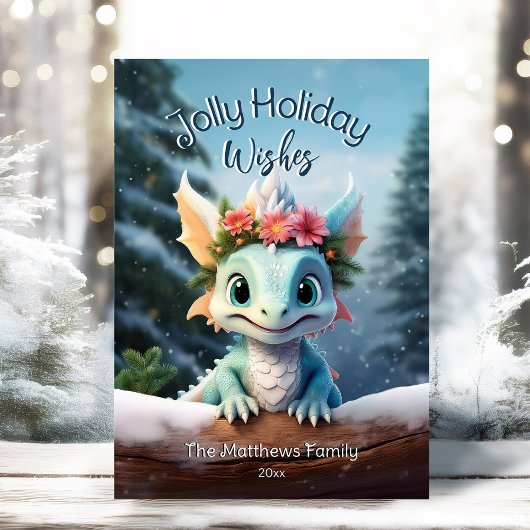 Baby Dragon Snowy Enchanted Forest Kerstmis Feestdagenkaart
