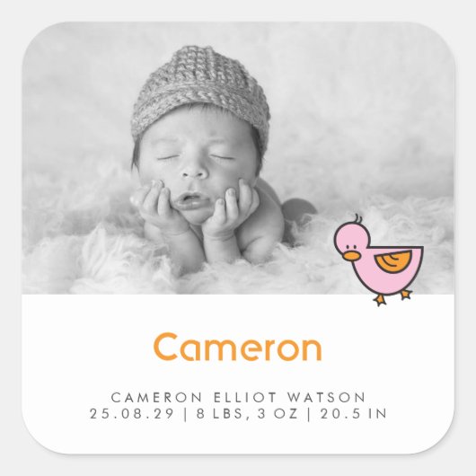 Baby Duck Photo Girl Birth Announcement Sticker (Voorkant)