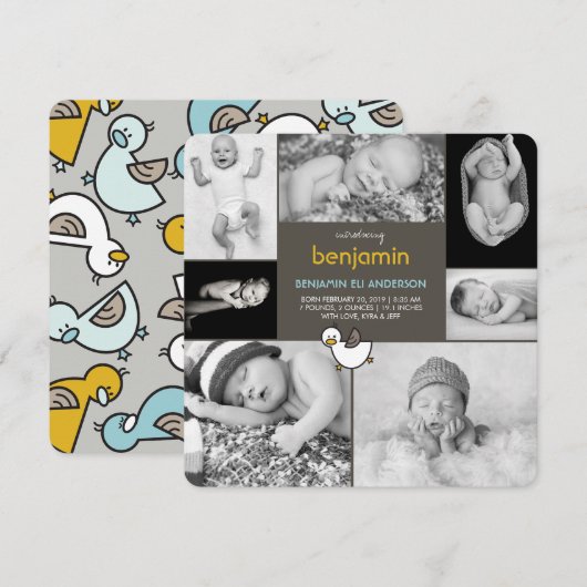 Baby Ducks Photo Collage Boy Birth Announding Aankondiging (Voorkant / Achterkant)