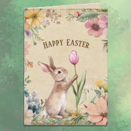 Baby Easter Bunny with Pink Tulip Vintage Floral  Kaart