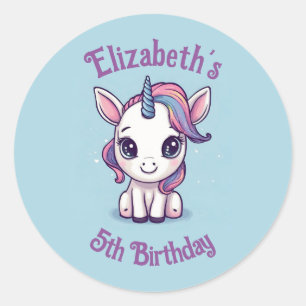 Baby Eenhoorn Blauwe Verjaardagsnaam en Leeftijd Ronde Sticker