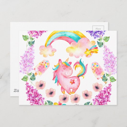 Baby eenhoorn die in haar tuin speelt briefkaart (Voorkant / Achterkant)