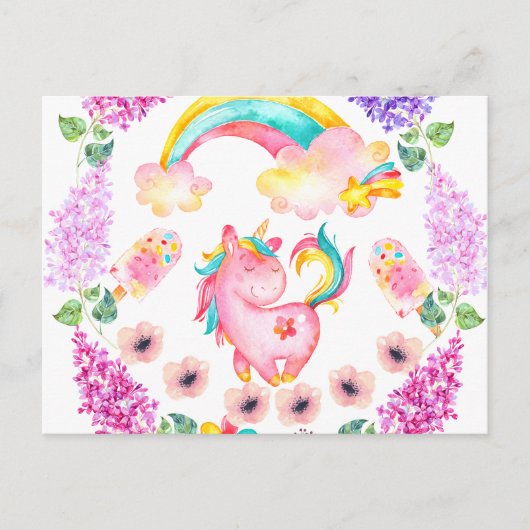 Baby eenhoorn die in haar tuin speelt briefkaart (Voorkant)