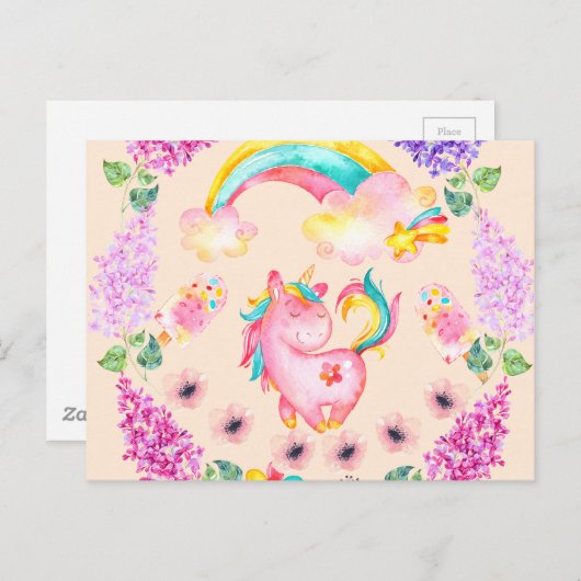 Baby eenhoorn die in haar tuin speelt briefkaart (Voorkant / Achterkant)