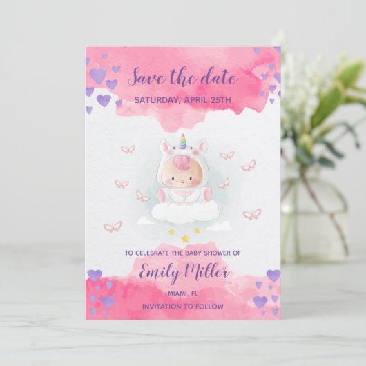 Baby eenhoorn meisje douche redt datum save the date (Staand voorkant)