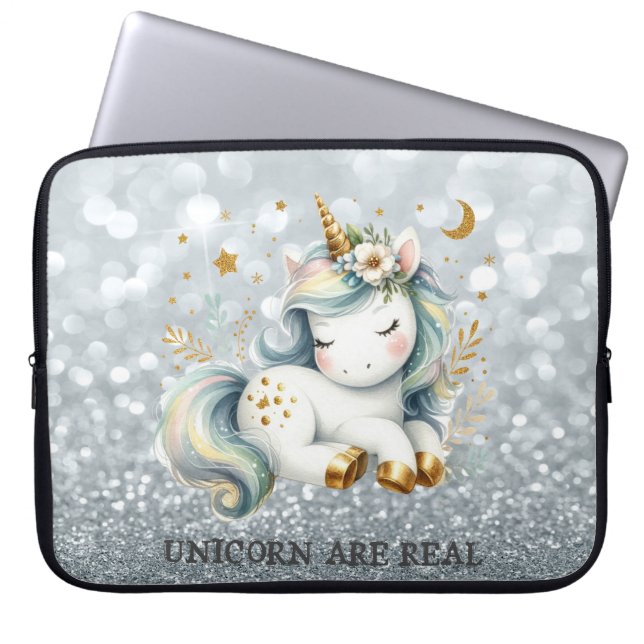Baby Eenhoorn Silver Glitter Bokeh Laptop Sleeve (Voorkant)