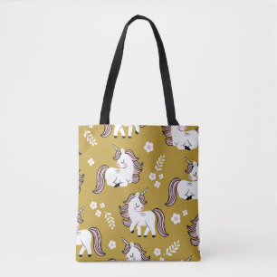 Baby eenhoorns, bloemen, geel patroon. tote bag