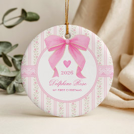 Baby Eerste 1e Kerst Coquette Roze Strik Rozen Keramisch Ornament