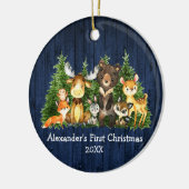 Baby eerste blauw kerstbos met hout keramisch ornament (Links)