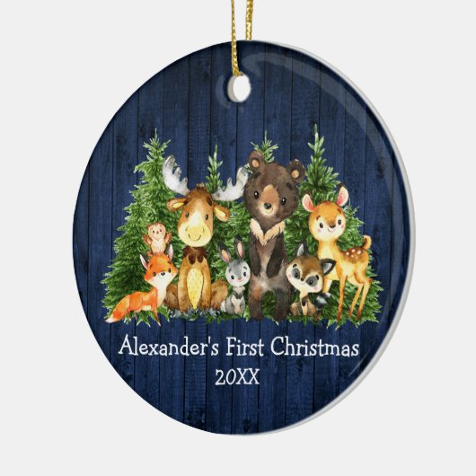 Baby eerste blauw kerstbos met hout keramisch ornament (Links)