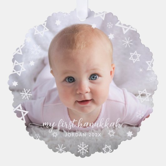 Baby eerste Chanoeka foto sneeuwvlokken nieuwe oud Ornament Kaart (Voorkant)