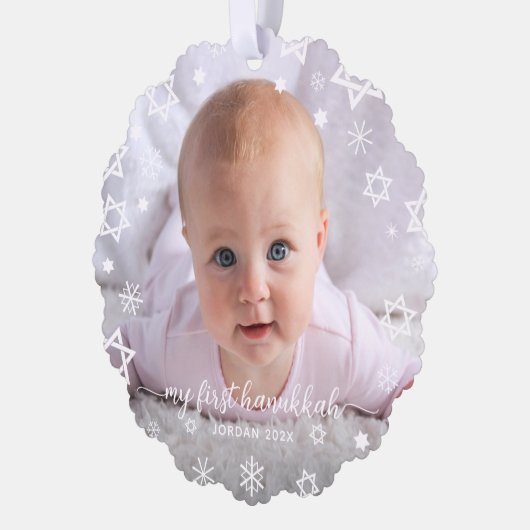 Baby eerste Chanoeka foto sneeuwvlokken nieuwe oud Ornament Kaart (Links)