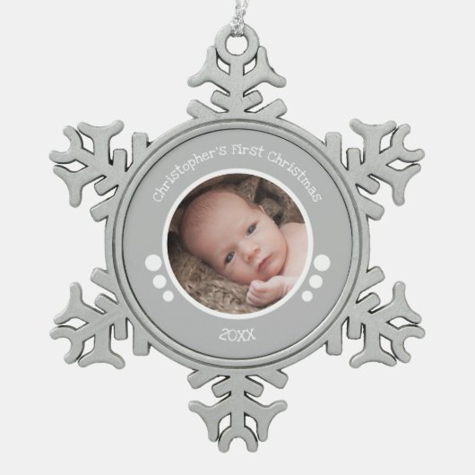 Baby Eerste foto jaar grijs wit Tin Sneeuwvlok Ornament (Voorkant)