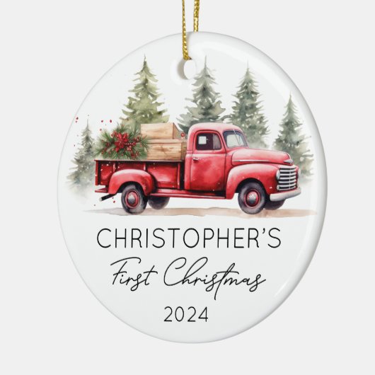 Baby eerste foto rode vrachtwagen keramisch ornament (Links)