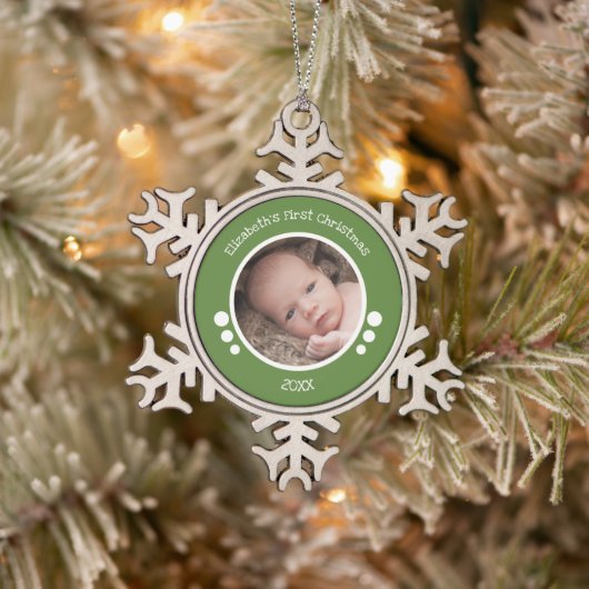 Baby eerste fotojaar groen wit tin sneeuwvlok ornament (Boom)