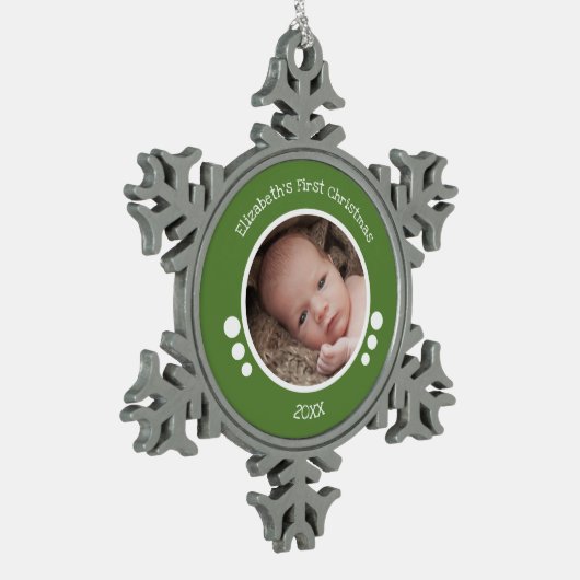Baby eerste fotojaar groen wit tin sneeuwvlok ornament (Links)