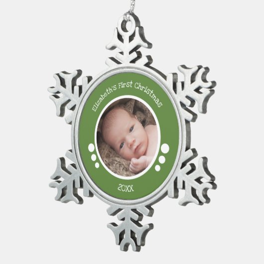 Baby eerste fotojaar groen wit tin sneeuwvlok ornament (Rechts)
