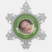 Baby eerste fotojaar groen wit tin sneeuwvlok ornament (Voorkant)