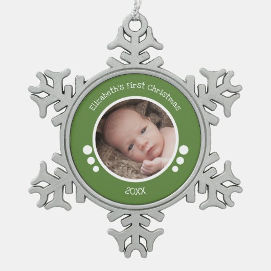 Baby eerste fotojaar groen wit tin sneeuwvlok ornament (Voorkant)