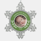 Baby eerste fotojaar stippen groen wit tin sneeuwvlok ornament (Voorkant)