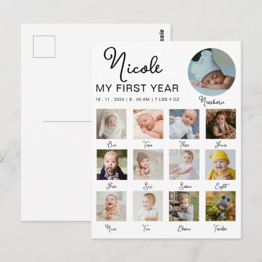 Baby Eerste Jaar 12 Maanden Foto Collage Modern Briefkaart (Voorkant / Achterkant)
