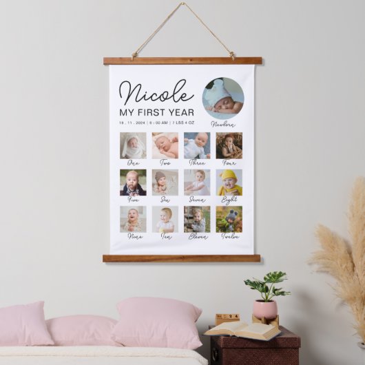 Baby Eerste jaar 12 maanden fotocollage Modern Hangend Wandkleed (Slaapkamer)