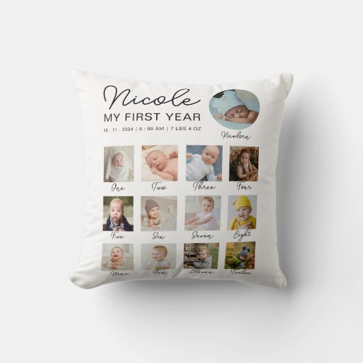 Baby Eerste jaar 12 maanden fotocollage Modern Kussen (Voorkant)