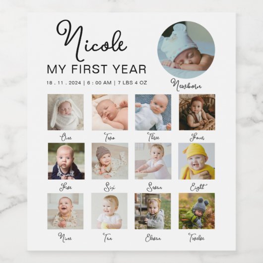 Baby Eerste jaar 12 maanden fotocollage Modern Wijn Etiket (Enkel label)