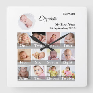Baby Eerste Jaar 12 Maanden Fotosamenstelling Mijl Vierkante Klok