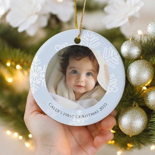 Baby Eerste Kerst blauw modern Sneeuwvlokken Foto Keramisch Ornament