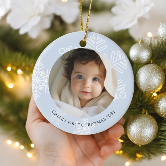 Baby Eerste Kerst blauw modern Sneeuwvlokken Foto Keramisch Ornament
