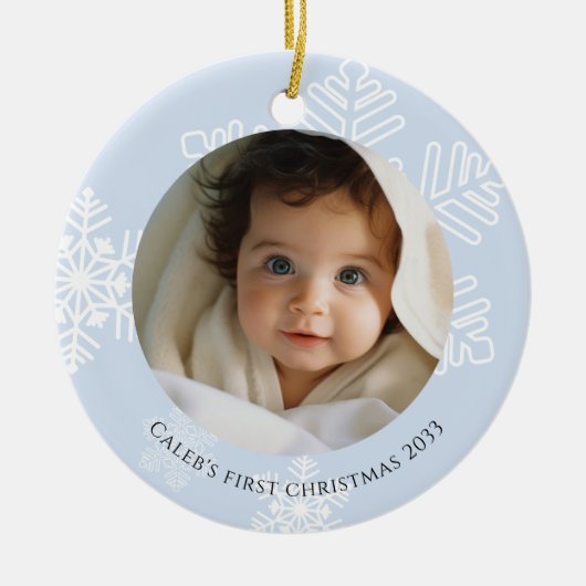 Baby Eerste Kerst blauw modern Sneeuwvlokken Foto Keramisch Ornament (Voorkant)
