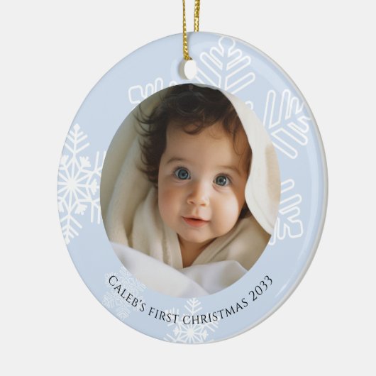 Baby Eerste Kerst blauw modern Sneeuwvlokken Foto Keramisch Ornament (Links)