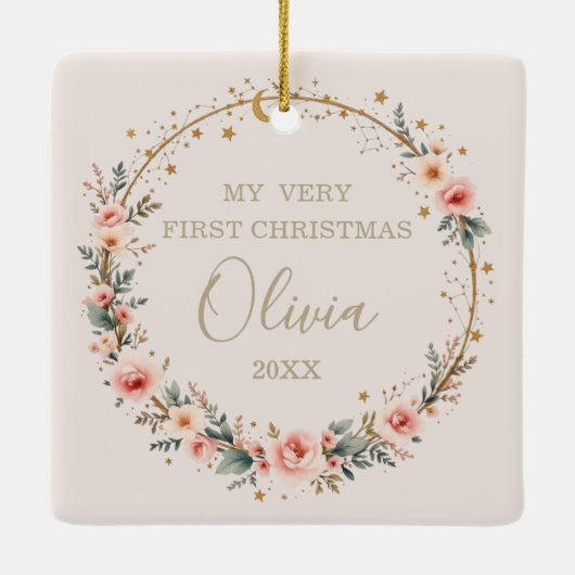 Baby Eerste Kerst Celestial Sterren Maanfoto Keramisch Ornament (Achterkant)