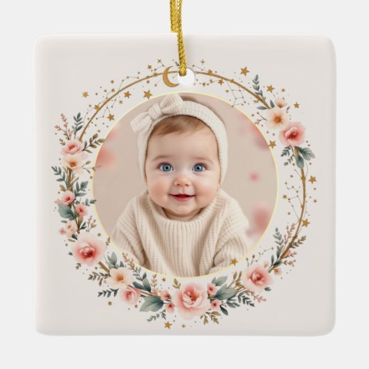 Baby Eerste Kerst Celestial Sterren Maanfoto Keramisch Ornament (Voorkant)