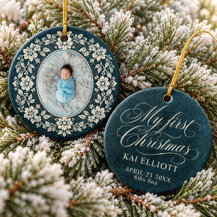 Baby Eerste Kerst Crème Kant Navyblauw Keramisch Ornament