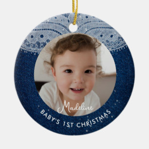 Baby eerste kerst denim diamanten rustieke kant keramisch ornament