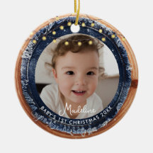 Baby eerste kerst denim rustieke houten licht foto