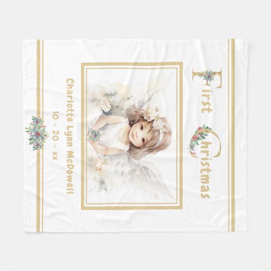 Baby Eerste Kerst Engel Goud Wit Kerstmis Fleece Deken (Voorkant (Horizontaal))