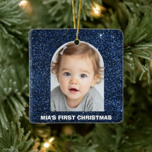 Baby Eerste Kerst Foto Blauwe Glitter Ornament