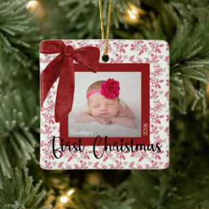 Baby Eerste Kerst Foto Rode Strik Keramisch Ornament