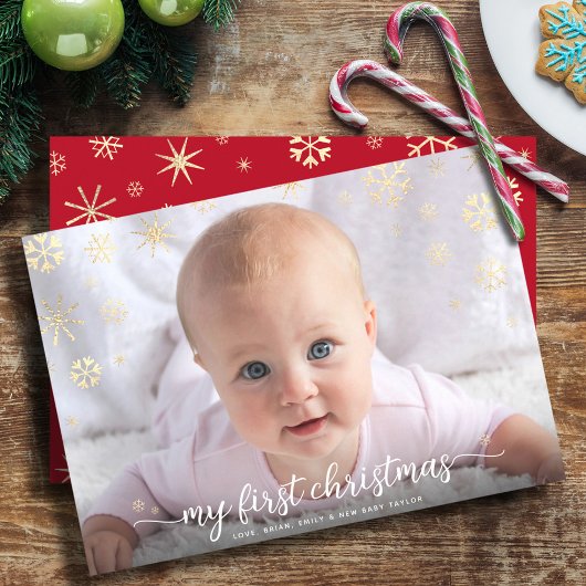 Baby Eerste Kerst Foto Script Gouden Sneeuwvlok Feestdagenkaart