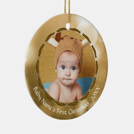 Baby Eerste Kerst Gouden Bokeh Gepersonaliseerde F Keramisch Ornament (Rechts)